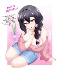 absurdres black_hair breasts charlotte_(kronobas28) confused dialogue drool empty_eyes eye_roll female_only hypnovember jean_shorts kronobas28 original pink_background shorts simple_background solo turnip