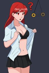  absurdres ahoge bra breasts cleavage clefla collarbone confused empty_eyes eyebrows_visible_through_hair female_only femsub long_hair navel open_mouth open_shirt original pendulum red_eyes red_hair shirt short_skirt simple_background skirt solo unaware undressing 