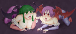 all_fours blush breasts capcom cum cum_on_body cum_on_clothes cum_on_face cum_on_hair darkstalkers demon_girl drool empty_eyes femsub green_hair kneeling large_breasts lilith_aensland long_hair monster_girl morrigan_aensland purple_hair short_hair succubus tongue tongue_out wings