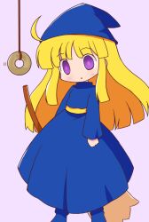 ahoge belt blonde_hair blush boots chibi clothed coin dress empty_eyes expressionless eyebrows_visible_through_hair female_only femsub flat_chest glowing_eyes grey_background long_hair long_skirt ma-bonasu pendulum purple_eyes puyo_puyo simple_background solo standing witch witch_(puyo_puyo) witch_hat