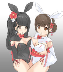  absurdres animal_ears bangs black_hair blush bow bow_tie braid breast_grab breast_press breasts brown_eyes brown_hair bunny_ears bunny_girl bunnysuit cleavage clothed drool expressionless fake_animal_ears fake_tail female_only femsub flower flower_in_hair hair_buns hair_ornament holding_breasts large_breasts long_hair multiple_girls multiple_subs nagi new_years original ponytail ribbon shrine_maiden simple_background symmetrical_docking 