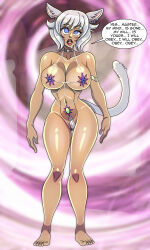 absurdres bare_legs barefoot blue_eyes cat_ears cat_tail choker collarbone dialogue drool female_only femsub final_fantasy final_fantasy_xiv heavy_eyelids maledom mantra micro_bikini navel short_hair simple_background solo speech_bubble spiral_background spiral_eyes standing symbol_in_eyes text white_hair y&#039;shtola zorro-zero 
