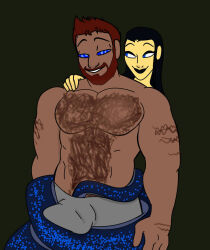androgynous_dom beard black_hair black_lipstick blue_eyes bulge coils colorrings dark_skin dazed dmitri_&quot;remmy&quot;_romanenkov_(notfromoz) dungeons_and_dragons erection erection_under_clothes from_behind hairy happy_trance himbo kaa_eyes lipstick long_hair malesub muscle_boy naga_girl original red_hair restrained ring_eyes simple_background smile standing standing_at_attention tailjob topless underwear