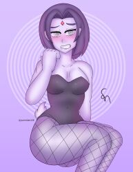 black_eyes blue_skin blush bunnysuit female_only femsub fishnets raven simple_background spiral spiral_eyes symbol_in_eyes teen_titans unhappy_trance yumiiart