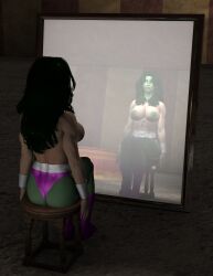 3d abs ass bare_shoulders black_hair breasts character_request cleavage erect_nipples female_only femsub huge_breasts long_hair marvel_comics member9 mirror she-hulk sitting solo super_hero white_eyes