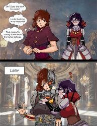  absurdres black_nail_polish blush brown_hair candle carlosbercian complex_background dialogue dress english_text femdom femsub green_eyes heart nail_polish outdoors purple_eyes purple_hair robotization servitor tagme tech_control text thought_bubble warhammer_40k yandere yuri 