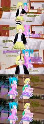  3d april_fools bare_shoulders blonde_hair blue_eyes blue_hair claire_(sephirothkefka) clown_girl clownification couch dialogue drool empty_eyes english_text exposed_chest eye_roll gloves happy_trance heavy_eyelids jacket koikatsu! latina liz_(liz_b) liz_b mole nail_polish orange_eyes original pendulum sign skirt sleepy smile text 