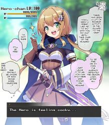 breasts cape cloak denial female_only femsub gameplay_mechanics gloves health_bar hoshina_meito incubus long_hair looking_at_viewer open_mouth original pink_hair skirt sword text twintails weapon 