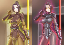  alternate_costume aura bastila_shan before_and_after belt black_hair blue_eyes bodysuit cameltoe evil_smile female_only femsub gloves glowing hair_buns leebigtree leotard looking_at_viewer rubber shoulder_pads standing star_wars star_wars:_knights_of_the_old_republic tied_hair weapon yellow_eyes 