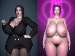 3d angry before_and_after black_eyes black_hair cleavage dazed drool empty_eyes female_only femsub glowing_eyes grey_background heart huge_breasts lipstick liu_zhou_guying looking_at_viewer makeup nail_polish navel nipples nude open_mouth original pantyhose pink_background pink_eyes ponytail pubic_hair simple_background skirt solo standing standing_at_attention thick_thighs wide_hips