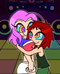 aged_up aura bare_shoulders digimon digimon_adventure digimon_adventure_02 eyebrows_visible_through_hair eyelashes femsub happy_trance head_in_breasts hug hypnoscream hypnotic_eyes hypnotized_hypnotist izzy_izumi kaa_eyes love maledom midriff mimi_tachikawa pink_hair red_hair shiny_hair skirt smile standing tank_top