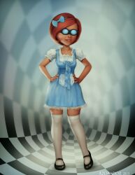 age_regression alice_in_wonderland alice_liddell azorador cosplay disney elastigirl femsub goggles grim_(manipper_a_different_one) hair_ribbon helen_parr hypnotic_accessory manip red_hair ribbon school_uniform smile spoilers standing standing_at_attention the_incredibles