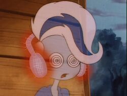 blue_hair blue_skin expressionless female_only femsub ghost headphones hypnotic_accessory multicolored_hair open_mouth pale_skin phantasma_phantom ring_eyes scooby-doo_(series) scooby-doo_and_the_ghoul_school screenshot see-through tech_control western white_hair