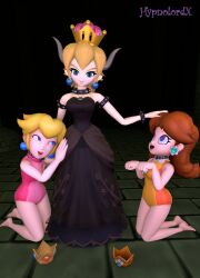  3d barefoot blonde_hair bowsette brown_hair clothed collar crown dog_pose earrings female_only femdom femsub happy_trance horns hypnolordx kneeling leotard nintendo pet_play princess_daisy princess_peach signature source_filmmaker super_mario_bros. symbol_in_eyes 