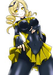  blonde_hair bodysuit breasts corruption drill_hair empty_eyes erect_nipples eyeshadow holding_breasts latex mami_tomoe navel precure puella_magi_madoka_magica seductive_smile skirt skirt_lift smile thighs transparent_background twintails yellow_eyes 