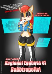  chipmunk_girl cleavage corruption crop_top crotch_tattoo dialogue enemy_conversion eyeshadow flashpointgear furry gloves glowing_eyes high_heels kneehighs large_breasts red_eyes red_hair sally_acorn short_hair smile sonic_the_hedgehog_(series) text 