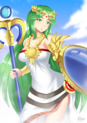 bracelet breasts cleavage goddess green_eyes green_hair hadant jewelry kid_icarus large_breasts long_hair necklace nintendo palutena shield signature simple_background staff weapon