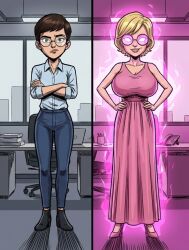 ai_art angry aura before_and_after bimbofication black_hair blonde_hair carmen_sandiego clothed crossed_arms dress female_only femsub glasses glowing glowing_eyes hair_color_change hair_growth happy_trance high_heels julia_argent_(carmen_sandiego) looking_at_viewer office office_lady pink_eyes short_hair smirk solo standing zupern0va_(manipper)