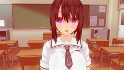  3d bangs black_hair blush classroom corruption custom_maid_3d_2 dazed empty_eyes expressionless female_only femsub looking_at_viewer open_mouth original pink_eyes school_uniform shirt short_hair solo standing standing_at_attention swallow774 tie 