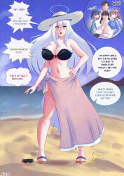absurdres age_progression ass ass_expansion assertive_sub bare_shoulders beach blue_archive breast_expansion closed_eyes collarbone dialogue embarrassed english_text eyebrows_visible_through_hair femsub growth hair_growth hair_ornament halo hat hypnotic_drink long_hair looking_at_viewer memory_alteration midriff milf miyako_(blue_archive) miyu_(blue_archive) moe_(blue_archive) mporci_tsf multiple_girls navel one-piece_swimsuit open_mouth ribbon saki_(blue_archive) sandals self_hypnosis shrunken_irises signature skirt speech_bubble swimsuit text thigh_gap thighs torn_clothes transformation unaware white_hair wholesome