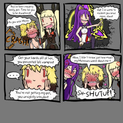 blazblue blonde_hair blush bra breasts chin_hold cleavage comic dialogue erika_(er-ikaa) female_only femdom femsub hades_izanami happy_trance heart humor large_breasts multicolored_hair multiple_girls original purple_hair rachel_alucard rcbc red_eyes text twintails underwear vampire
