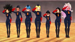  3d android_18 android_21 artist_request black_eyes black_hair blonde_hair blue_eyes blue_hair bulma_briefs caulifla dark_skin dragon_ball dragon_ball_fighterz female_only femsub kale koikatsu! large_breasts pan_(dragon_ball) pink_skin saluting shadaloo_dolls short_hair standing standing_at_attention street_fighter videl white_hair 