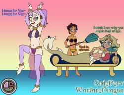  amity_blight barefoot blue_eyes brown_hair chair crown dancer dancing dialogue disney drool earrings egyptian elf_ears green_eyes happy_trance harem harem_outfit jewelry long_hair luz_noceda naga_girl ordeper_arts piercing pillow pink_hair red_eyes see-through shapeshifter short_hair signature simple_background tail the_owl_house tied_hair vee_(the_owl_house) yellow_eyes 