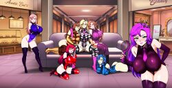 absurdres anno_(anno) ass asto_(asto) blonde_hair blue_eyes blue_hair blush boots breast_grab breasts brown_eyes brown_hair complex_background couch crown dazzler_(spiralgreeting) drool emi_(izanagistruth) ereme_(bobbette) female_only femsub fingerless_gloves gloves green_eyes happy_trance high_heels kiki_(usakiki) large_breasts leaning_forward leotard lipstick lipstick_mark makeup multiple_girls multiple_subs nail_polish orange_hair original pink_hair purple_hair red_eyes red_hair shinzu sitting smile sonia_(the_goddess_sonia) standing thigh_boots thighhighs tie tongue tongue_out twinning 