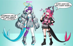 alerith alternate_costume ayuko_(jcroth) breasts choker closed_eyes dialogue dragon_girl drool elf_ears elizabeth_bathory_(fate) english_text fate/extra_ccc fate/grand_order fate_(series) female_only femdom femsub gameplay_mechanics halo hand_on_hip horns hypnotic_whistle identity_swap large_breasts music orange_eyes original pink_eyes purple_hair shoes speech_bubble spiralwash_eyes standing tail text very_long_hair