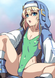  arms_behind_back bare_legs blonde_hair blue_eyes blush bridget_(guilty_gear) bulge collarbone eyebrows_visible_through_hair female_only femsub guilty_gear hai_(h81908190) haigure hoodie leotard looking_at_viewer one-piece_swimsuit open_clothes open_mouth shoes sitting socks solo thick_thighs thighs transfem transgender_identity v 