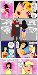 black_hair blonde_hair breasts comic dc_comics dialogue expressionless femsub hypnotized_hypnotist jimryu large_breasts long_hair magic maledom spiral spiral_eyes standing standing_at_attention super_hero supergirl superman_(series) symbol_in_eyes text western wonder_woman