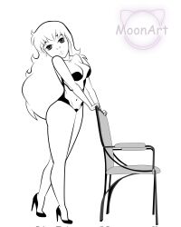  chair emi_ogasawara empty_eyes female_only femsub ghost_sweeper_mikami high_heels lingerie long_hair looking_at_viewer monochrome moonart necklace solo 