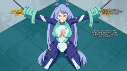  absurdres angry blue_eyes blue_hair bodysuit breasts chains dialogue doggos_doujins female_only femsub kneeling large_breasts looking_at_viewer my_hero_academia nejire_hado raiha restrained super_hero text torn_clothes very_long_hair wounds 