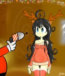 ahoge black_hair blue_eyes christmas curly_hair expressionless femsub hypno-tan long_hair open_mouth original standing standing_at_attention sti-z sweater thighhighs