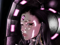  3d black_hair expressionless eyelashes femsub long_hair lylethe makeup microchip robot_girl robotization tech_control white_eyes 