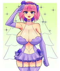  bare_shoulders breasts bridal_veil choker cleavage collarbone femsub gradient_background happy_trance huge_breasts konaloid lingerie miniskirt navel nino_nakano open_mouth pink_hair purple_eyes saluting short_hair skirt smile spiral_eyes standing standing_at_attention symbol_in_eyes the_quintessential_quintuplets thick_thighs thighhighs underwear wedding_dress 