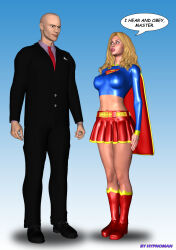 3d bald belted_skirt blonde_hair boots breasts crossover dc_comics enemy_conversion erect_nipples femsub hypnoman large_breasts lex_luthor maledom skirt standing standing_at_attention super_hero supergirl superman_(series) text watermark white_eyes