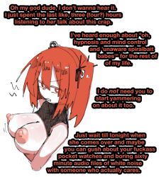  adachi_rei ambiguous_pov angry bare_breasts bp17522574 breasts_outside caption clothed_exposure femdom femsub girlinworld(manipper) huge_breasts huge_nipples large_breasts large_nipples manip open_clothes orange_eyes orange_hair short_hair solo text unaware utau vocaloid white_background yuri 