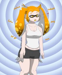  absurdres bare_legs bare_shoulders breasts cleavage coin drool elf_ears expressionless fangs female_only femsub inkling inkling_girl large_breasts long_hair midriff nintendo open_mouth orange_eyes orange_hair pale_skin pendulum short_shorts shorts signature sleepy sobergin solo spiral_background spiral_eyes splatoon tank_top text thighs twintails 