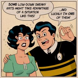  archie_(series) black_eyes black_hair blush border breasts cleavage clothed empty_eyes english_text expressionless femsub gradient_background grey_eyes humor lipstick looking_at_viewer maledom midge_klump pendulum pocket_watch polmanning reggie_mantle shirt short_hair signature simple_background sparkle speech_bubble t-shirt text 