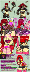 absurdres adekvatx ass ass_expansion before_and_after bimbofication breast_expansion breasts character_profile choker comic female_only femsub gameplay_mechanics hypnotic_accessory katarina_(league_of_legends) league_of_legends long_hair red_hair solo spanking spiral_eyes symbol_in_eyes text thighhighs transformation
