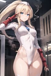  ai_art blonde_hair blue_eyes capcom empty_eyes expressionless fingerless_gloves gloves hat leotard looking_at_viewer ponytail saluting shadaloo_dolls shoulder_pads stable_diffusion_(ai) standing street_fighter thick_thighs tie voldar 