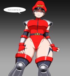  belt bracers breasts capcom corruption dialogue empty_eyes enemy_conversion femdom fingerless_gloves hat knee_pads large_breasts looking_at_viewer m._bison male_pov pulpawoelbo purple_eyes sakura_kasugano short_hair shoulder_pads simple_background smile street_fighter text thick_thighs thighs 
