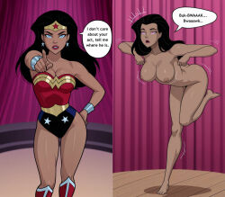 ass breasts chicken_pose dc_comics nude pussy sequence speech_bubble stage stage_hypnosis text thehypno7ist_(generator) wonder_woman