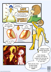  bare_legs chie_satonaka comic corruption dc_comics dialogue english_text erect_nipples erect_nipples_under_clothes female_only femdom femsub happy_trance lady_legasus mr_scade nipples persona_(series) persona_4 raven short_hair spiral_eyes teen_titans teen_titans_go! text transformation 