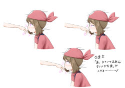  brown_hair femsub finger_in_mouth finger_sucking glowing glowing_eyes hat may na_shacho nintendo pink_eyes pokemon pokemon_ruby_sapphire_and_emerald short_hair text translated 