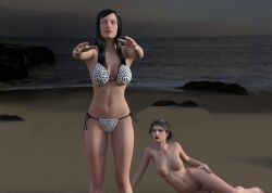 3d black_hair bottomless breasts elena_(playmaker) female_only femdom femsub gina_(playmakersama) large_breasts long_hair open_mouth original playmakersama short_hair standing topless white_eyes