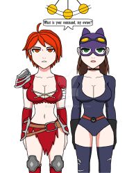 armor breasts brown_hair cat_ears collar doudile empty_eyes expressionless green_eyes holy_light_is_not_good large_breasts lilith_(holy_light_is_not_good) lipstick mask orange_eyes orange_hair pendulum quidos short_hair standing text watermark white_background
