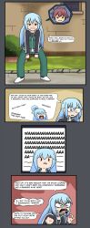 alternate_costume alternate_hairstyle angry aqua_(konosuba) aware black_eyes blue_eyes blue_hair brisksunrise brown_hair clothed comic cosplay dialogue english_text expressionless femsub goddess kazuma_satou kono_subarashii_sekai_ni_shukufuku_wo! maledom open_mouth outdoors pants possession sharp_teeth shirt shoes short_hair speech_bubble standing text tongue tongue_out very_long_hair