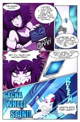 black_hair bracelet bree_(gacha_gotcha) choker comic corruption dialogue eyeshadow gacha_gotcha goth gothification kobi94 lilith_(gacha_gotcha) pale_skin sharp_teeth short_hair speech_bubble text